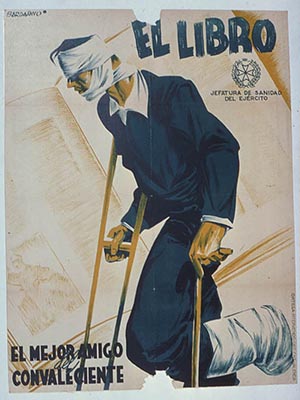 Illustration of a man with many bandages, walking with crutches with a background image of an open book. Text:  "El Libro: El mejor amigo del convalesciente"