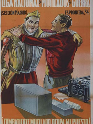 A wounded soldier being embraced by a man standing next to a desk with a typewriter. Text reads: "Liga nacional de mutilados de guerra"