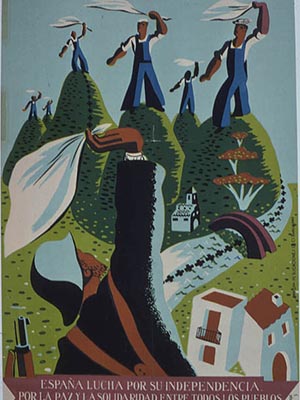 Spanish Civil War propaganda poster with a color illustration of six men (who are presumably laborers because they are wearing overalls) waving white flags in solidarity with a soldier. The text at the bottom translates to "Spain fights for its independance for the country and the solidarity between all people."