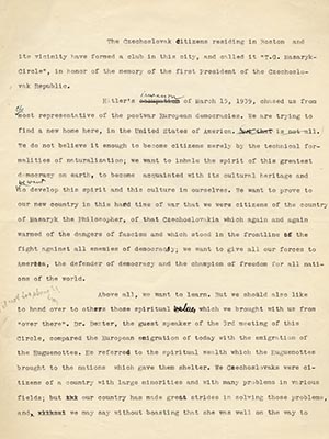 A letter from the collection of correspondence with and other documents regarding the T.G. Masaryk Circle, an association of Czechoslovak citizens residing in Boston, with which the Spitzers were quite involved.