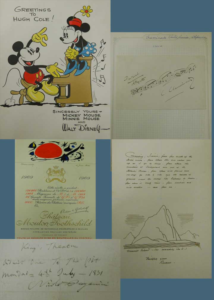 Five documents each containing separate signatures, including a card with Micky Mouse and Minnie Mouse autographed by Walt Disney and another with musical notes and a third with a sketch of a mountain.