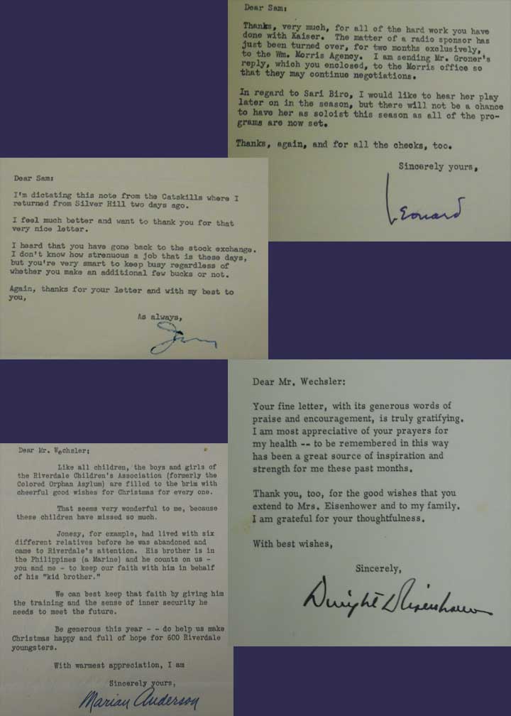 Letters to Sam Wechsler with signatures, one from Dwight Eisenhower, another from Leonard Bernstein, and 2 others.