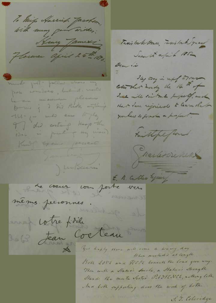 Five cropped documents each containing separate signatures from literary figures