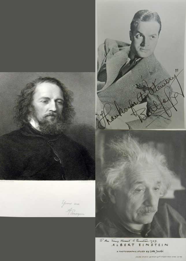 Three portraits each with signatures, one of which is Albert Einstein