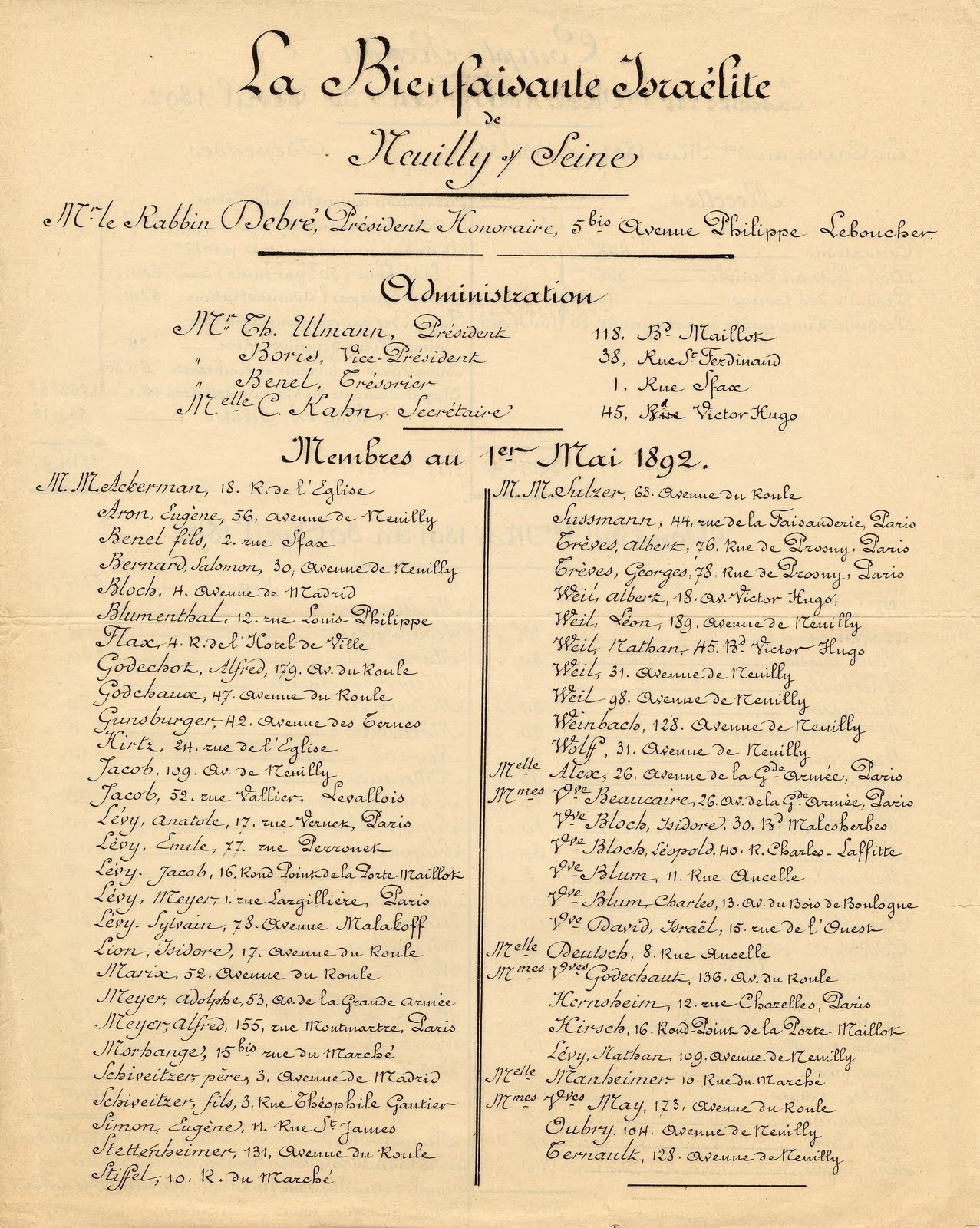Document titled La Bienfaisante Israelite de Neuilly sur Seine, with a list of Administrators and members.