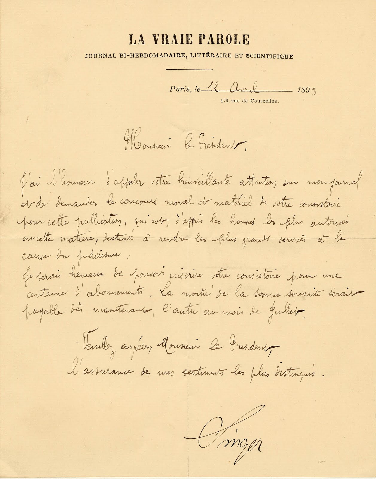 a handwritten “Allocution” addressed to the president of the Central Consistory by Isadore Singer, La Vraie Parole