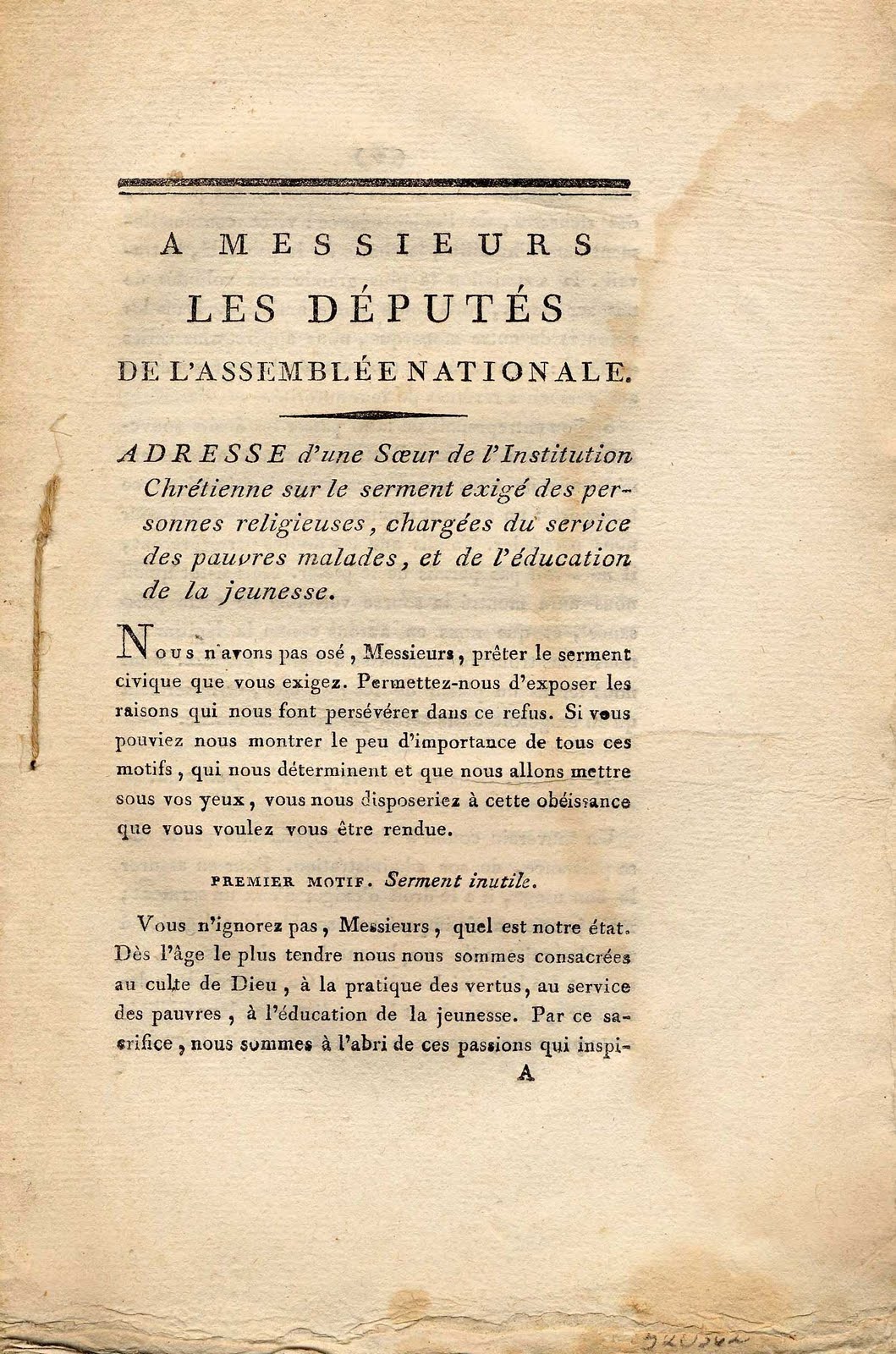  Title page of A Messieurs les députés de l'Assemblée nationale, a pamphlet that deals primarily with the oath required of clergy by the Civil Constitution during the early part of the revolution.