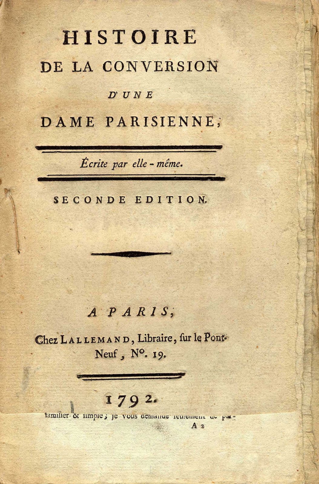 Titel page of a pamphlet titled "The History of the Conversion of a Parisian Woman, Written by Herself." 
