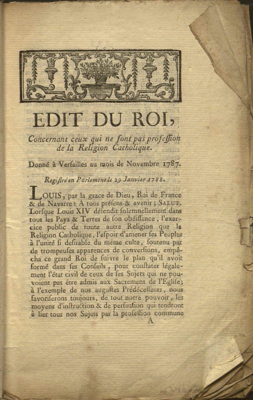 Title page of Édit du Roi, Concernant Ceux Qui Ne Font Pas Profession de la Religion Catholique