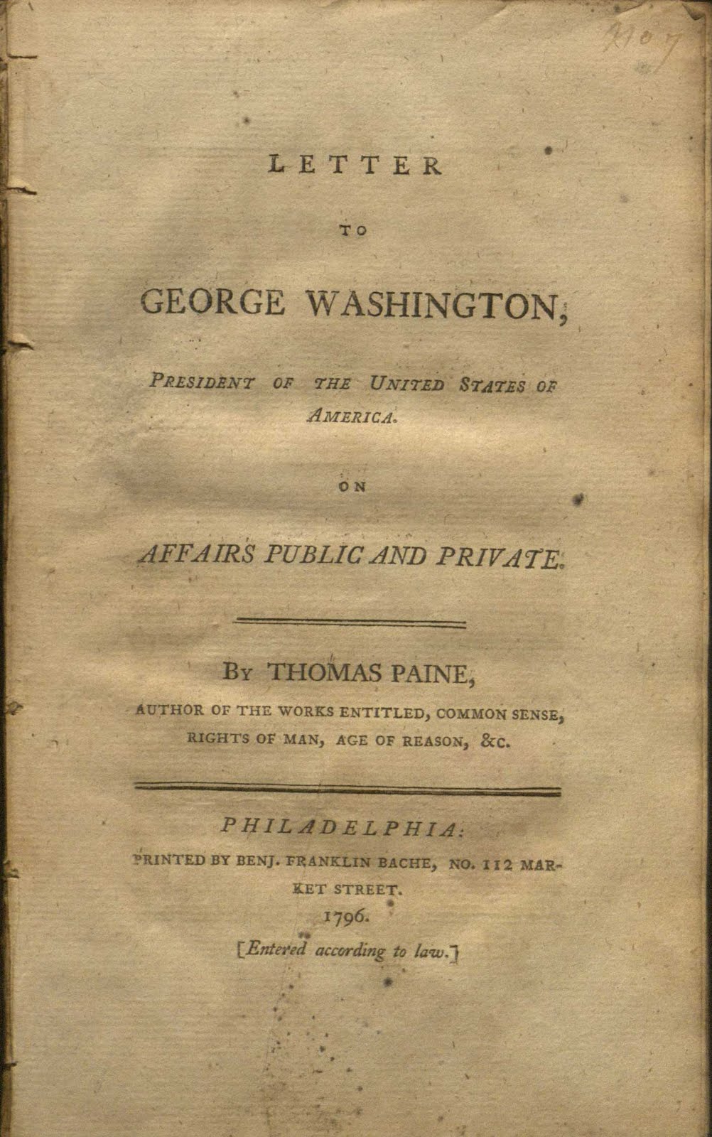 Title page of Thomas Paine's Letter to George Washington