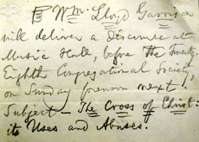Handwritten announcement of a lecture byGarrison on the subject: The Cross of Christ: Its Uses and Abuses"