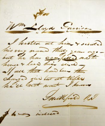 Handwritten letterfrom an anonymous contributor, who wrote how he had “hooted” at Garrison thirty years before, but was “compelled… to honor and laud him since.”