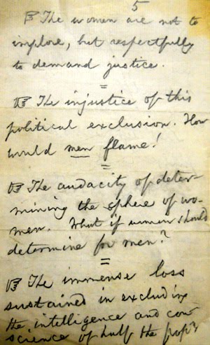 Handwritten page with bullet points re: Suffrage, the first of which says: "The women are not to implore, but respectfully demand justice.