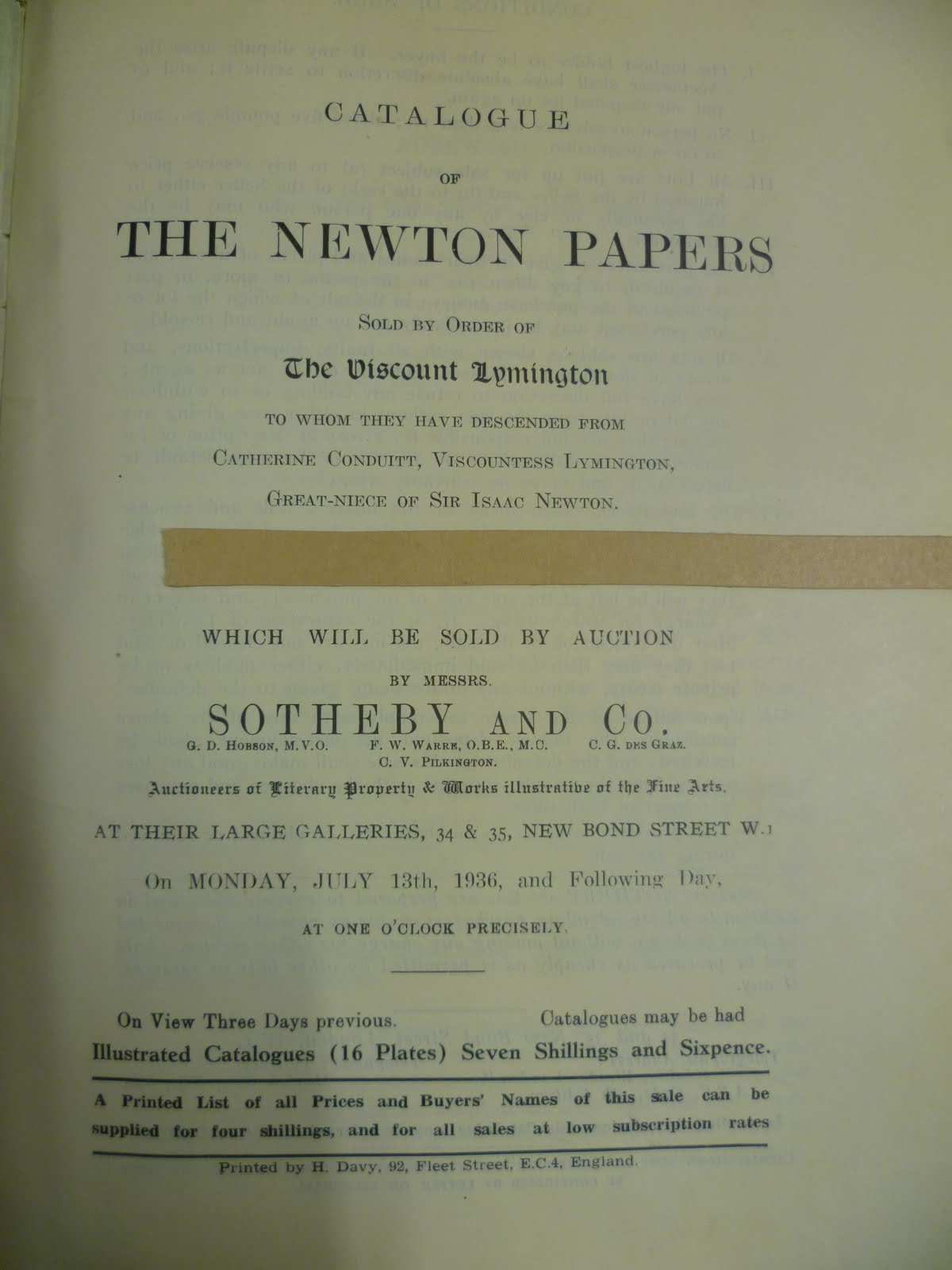 Title page of Catalogue of The Newton Papers