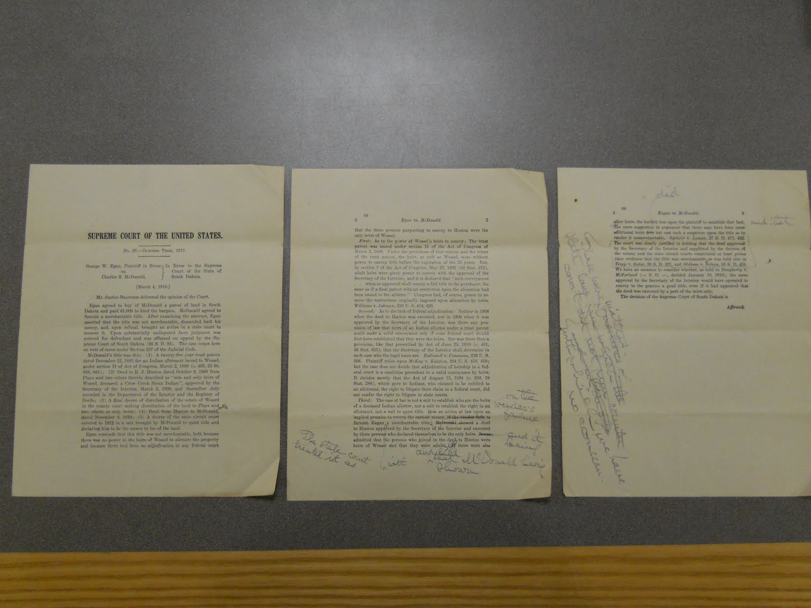 One of the collection's first-print copies of several of Brandeis’s Supreme Court opinions,  bearing his handwritten editorial comments. 