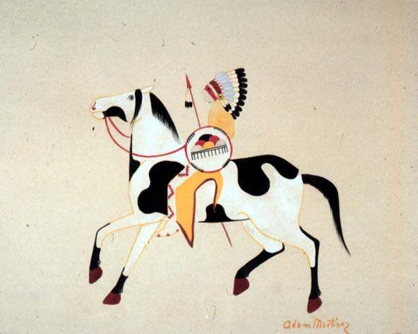 Watercolor of man with headdress on horse