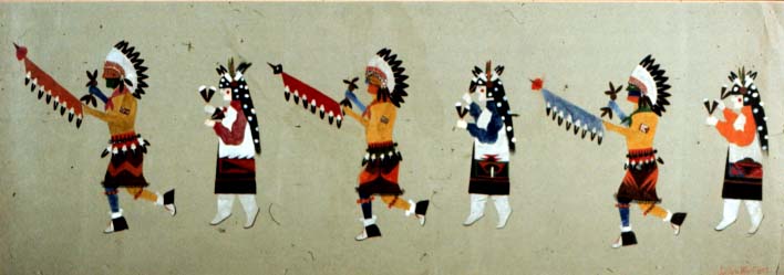 Water color of six persons in profile, walking or dancing to the left in line. every other person wears a feathered headress. They all carry ritual objects.