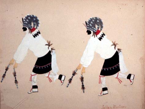 watercolor of two native American dancers dressed alike with ritual objects