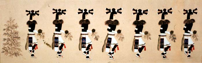 watercolor of 7 people in Native American ceremonial dress, dancing in a line, seen from profile view.