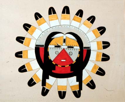 Abstract watercolor painting containing symbols and elements of Native American culture.
