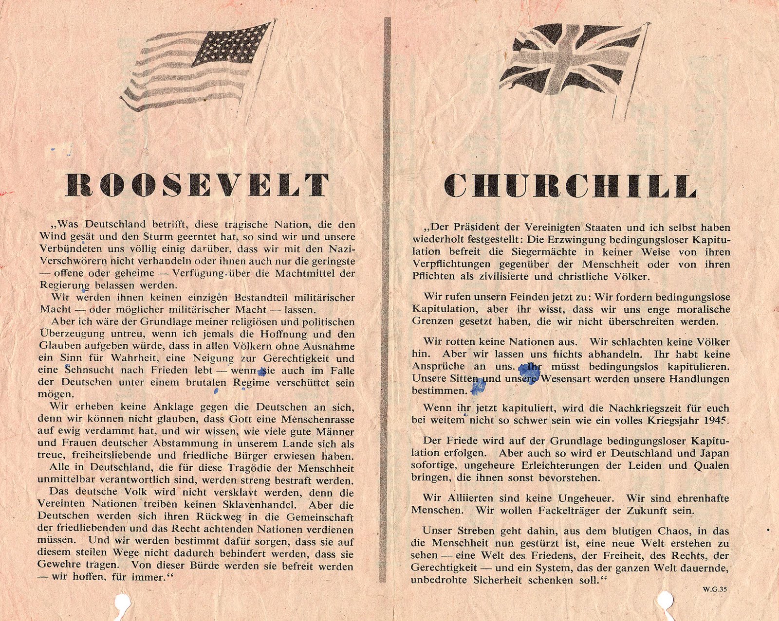 The back of the leaflet features two sections entitled “Roosevelt” and “Churchill” along with their national flags, and extols the social and political virtues of each nation’s system while simultaneously denigrating the dictatorial nature of the Third Reich. 