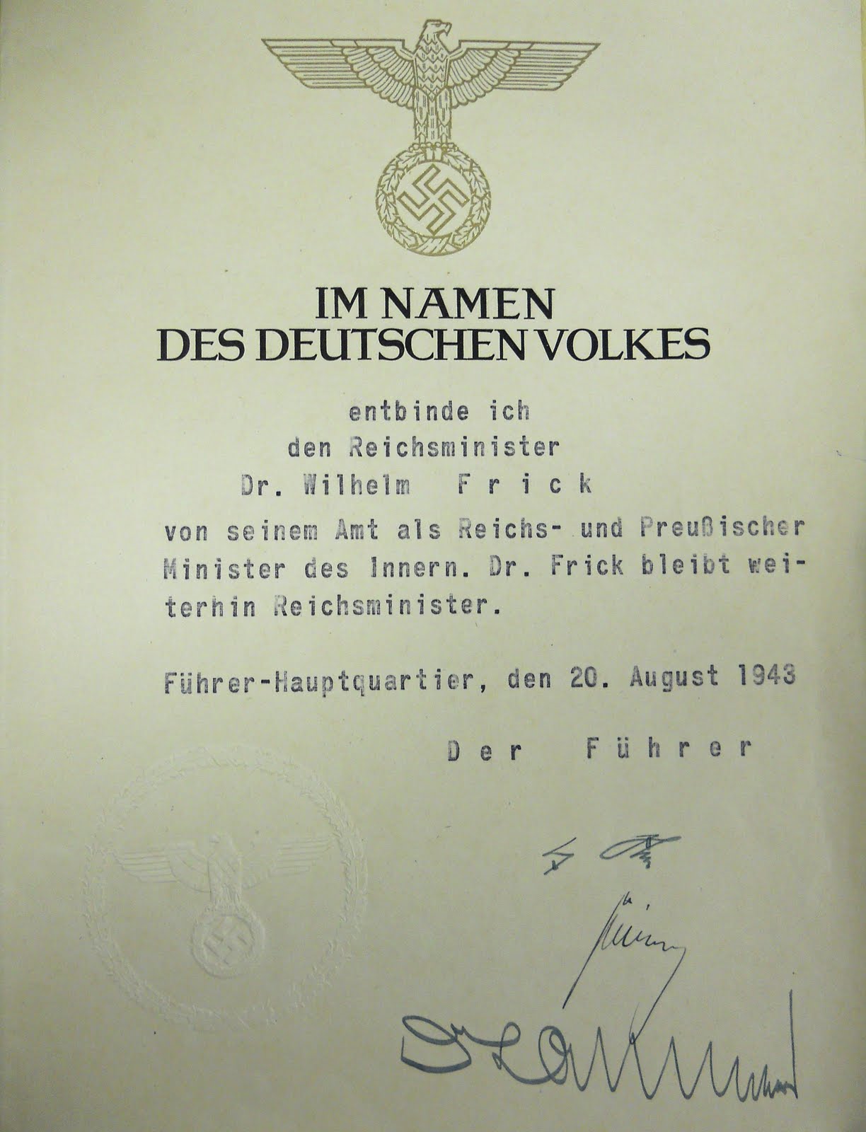Official 1943 decree dismissing Wilhelm Frick from his position as Minister des Innern (Minister of the Interior)