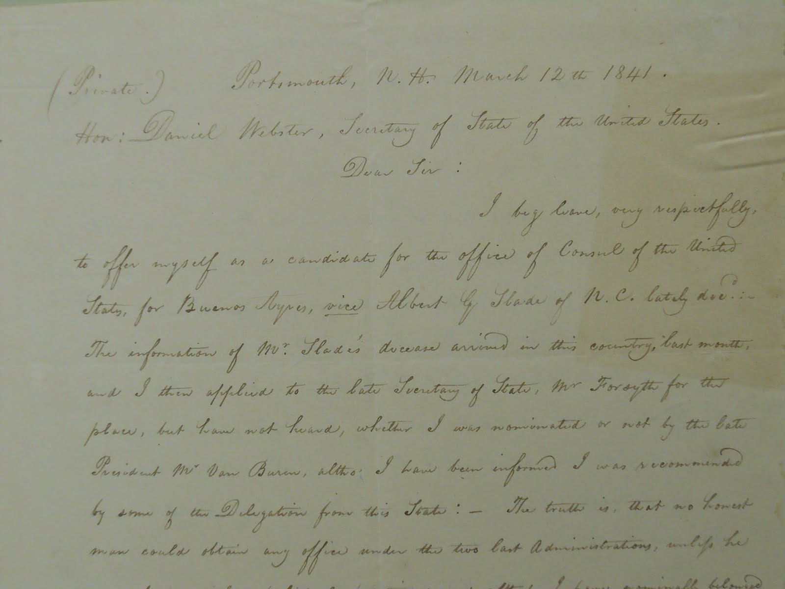 Excerpt of a letter addressed to Daniel Webster, handwritten script