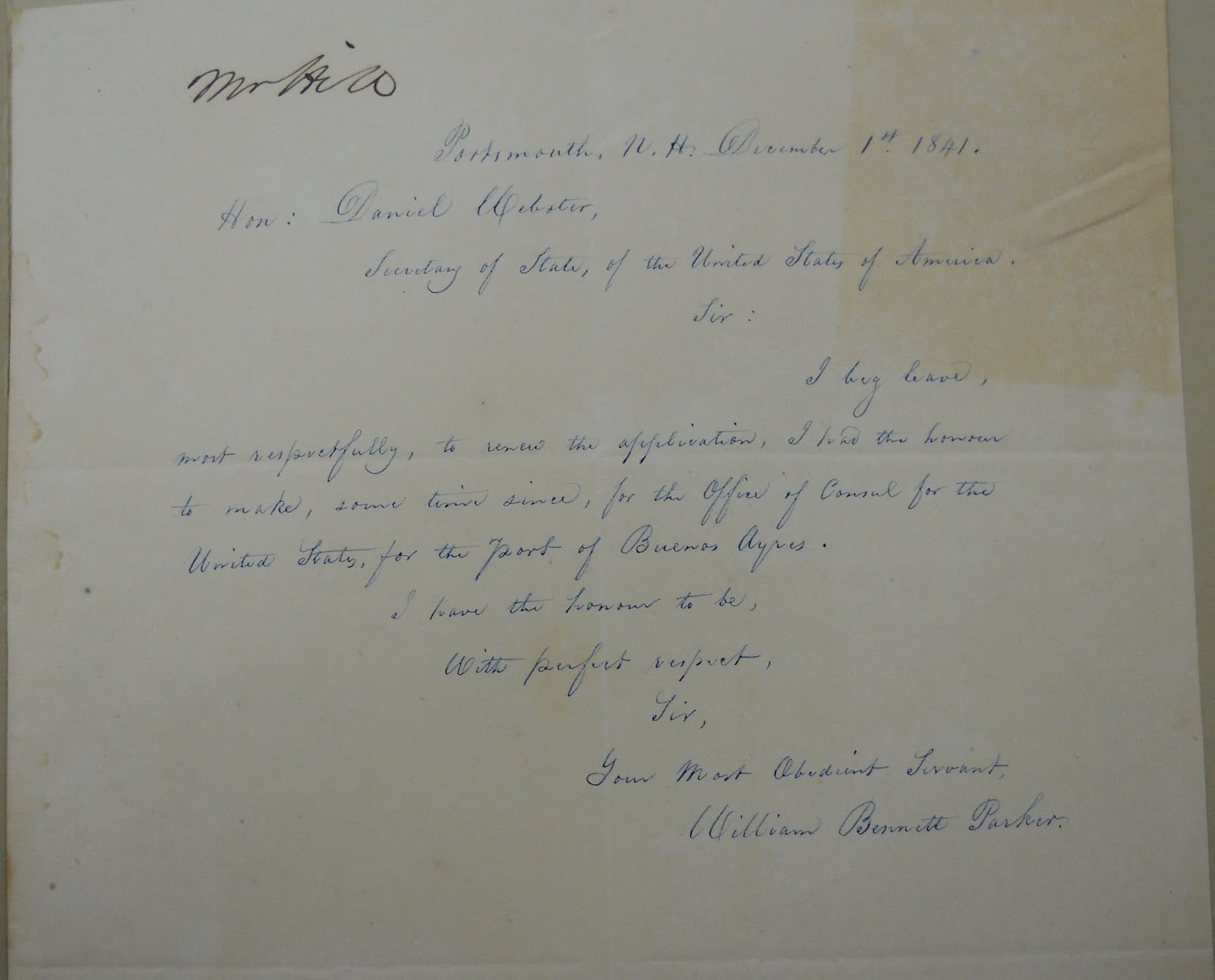 William Bennett Parker letter to Daniel Webster dated Dec. 1, 1841, handwritten, pen and ink