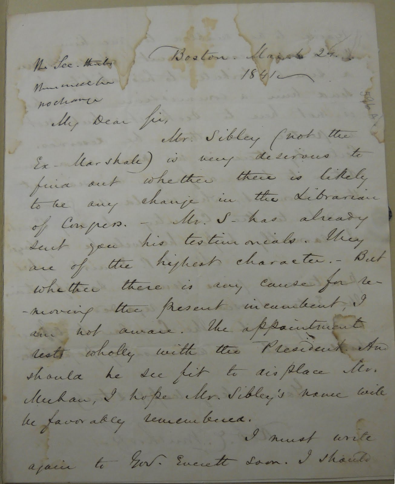 First page of a handwritten letter dated March 24, 1841, addressed to "My Dear Sir." Ink from the reverse side bleeds through and there are some stains around the edges.