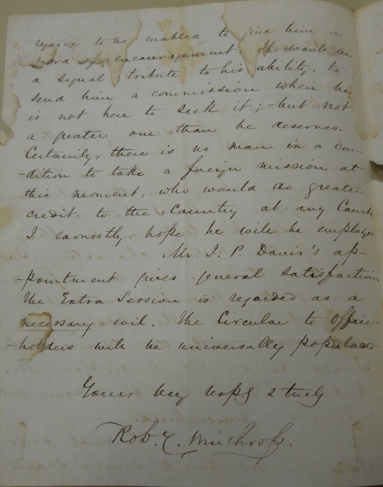 Last page of a handwritten letter to Daniel Webster from Congressman Robert Winthrop, with signature.