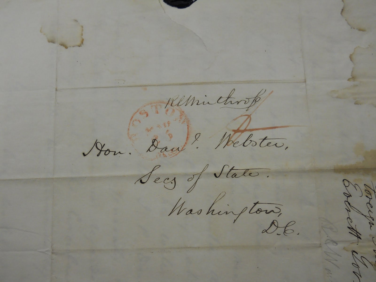 postmarked envelope addressed to Daniel Webster, Secretary of State, handwritten with pen and ink.