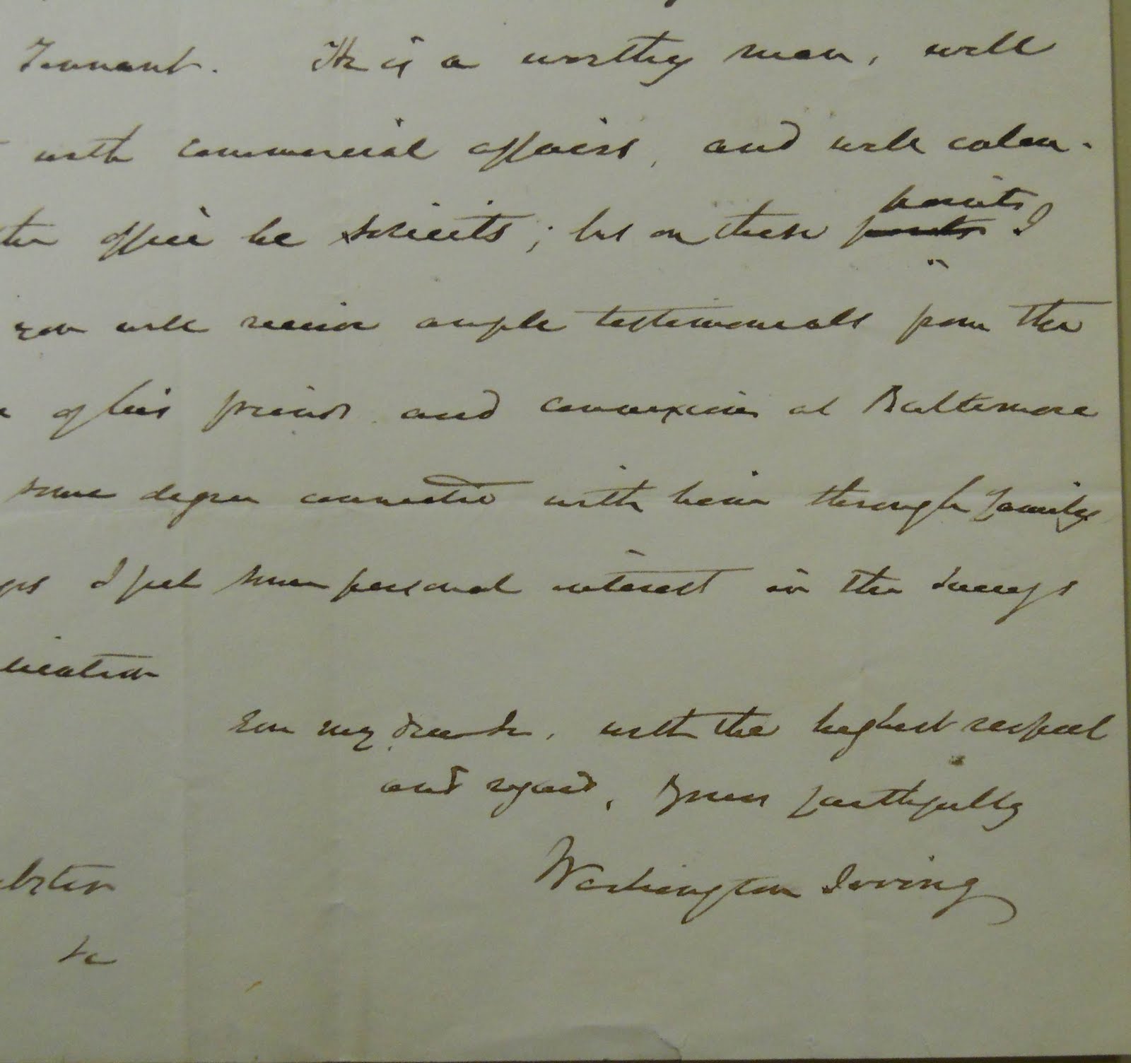 Excerpt of a letter from Washington Irving to Daniel Webster showing the signature.