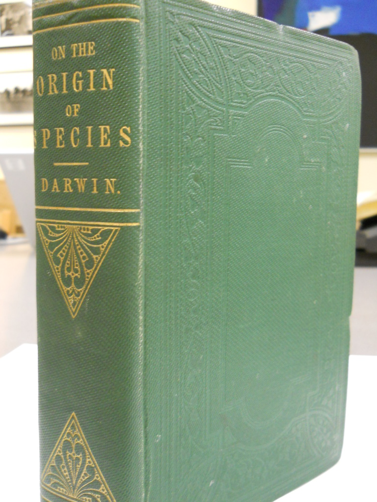 Cover of Charles Darwin's On the Origin of Species displaying the book's spine and front