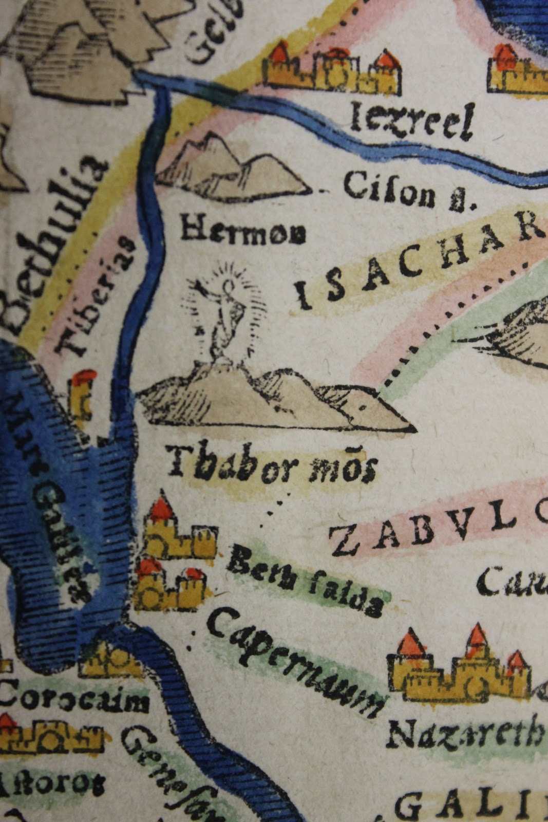 Mt. Tabor, site of the transfiguration of Jesus as seen on a Munster Holy Land Map