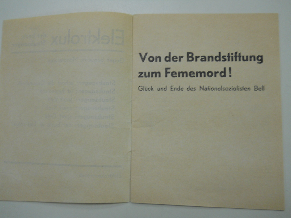Inside of the clandestine publication. The translation of the title page is: From Arson to Lynching- The Rise and Fall of the National Socialist Bell