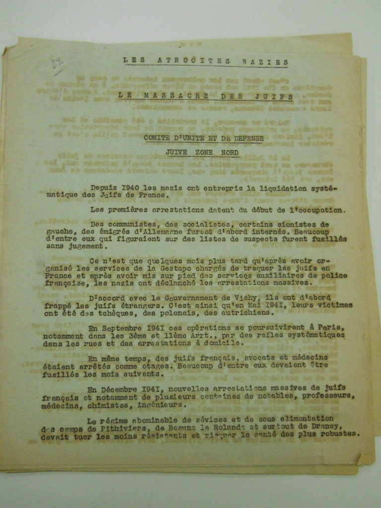 French document in the Jewish Resistance collection titled "Les Atrocites Nazies: Le Massacre des Juifs"