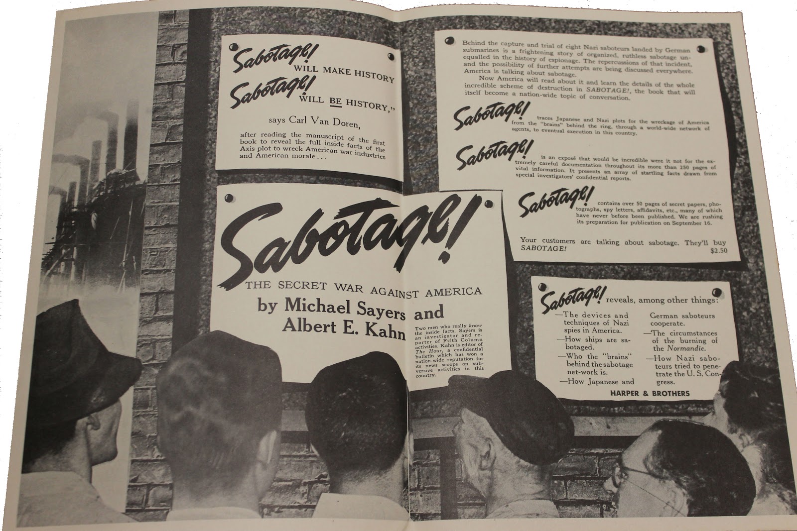 A folded full page promotional piece for Sabotag! showing a group of people gazing at a brick wall containing advertisements, reviews, testimonials and other promotional materials for Sabotage. In the distance is a factory.