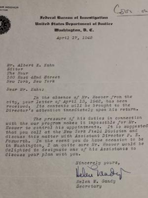 Letter from the FBI to Albert Eugene Kahn