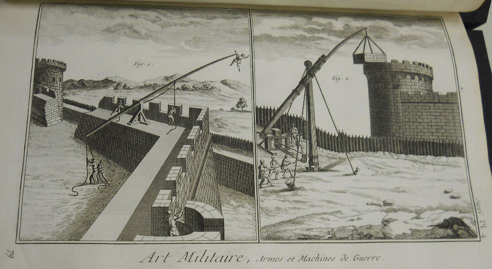 Engraving of men in a fortress, operating a contraption to hoisting things over the wall. Title says:  Art Militaire, armes et machines de guerres