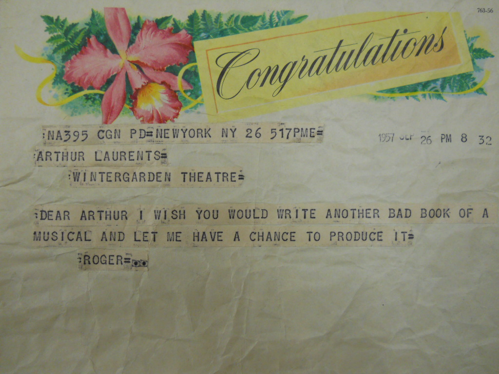A telegram sent by Roger (possibly Roger Stevens) to Laurent