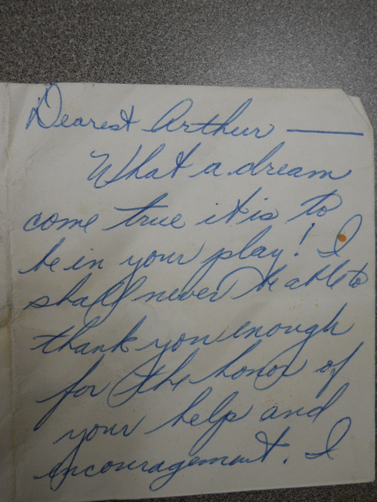 Letter from "Maria" (actress Carol Lawrence) re: West Side Story telling him it was a dream come true to be in the play