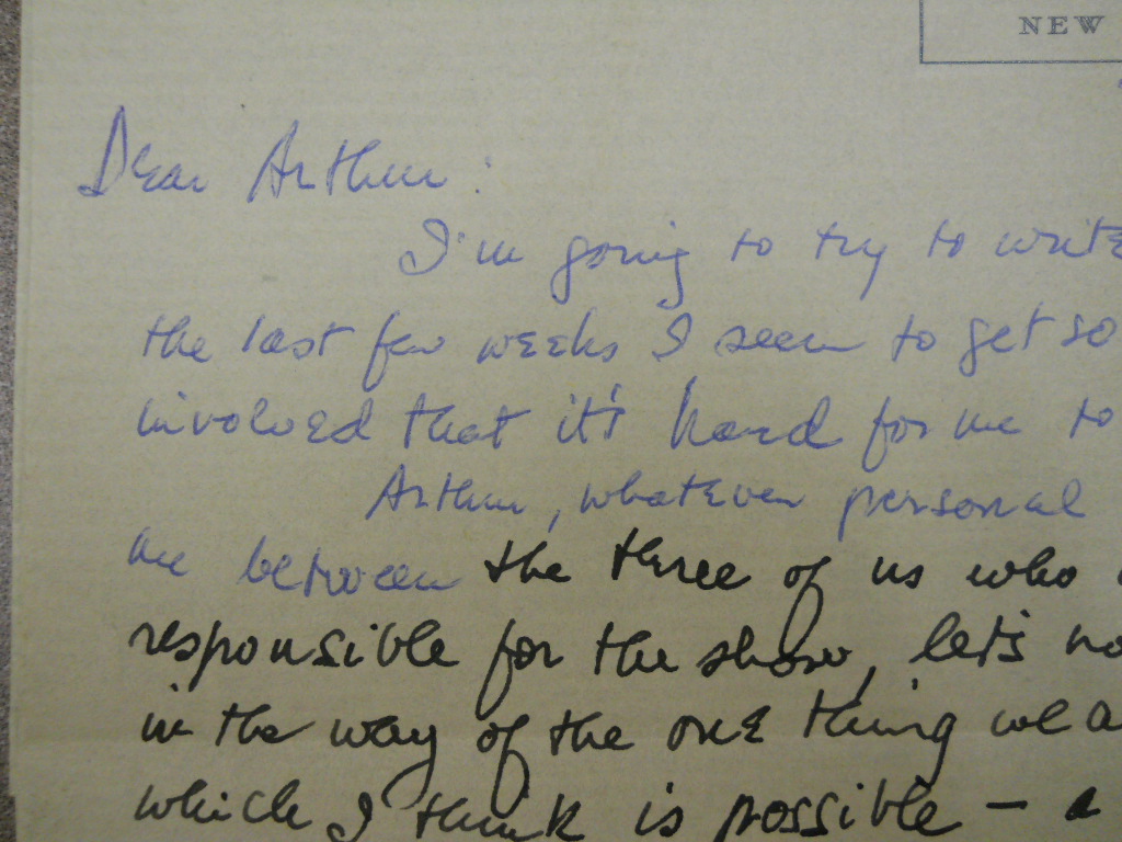 Letter to Arthur Laurents which starts in blue ink and continues haflway down in black ink.