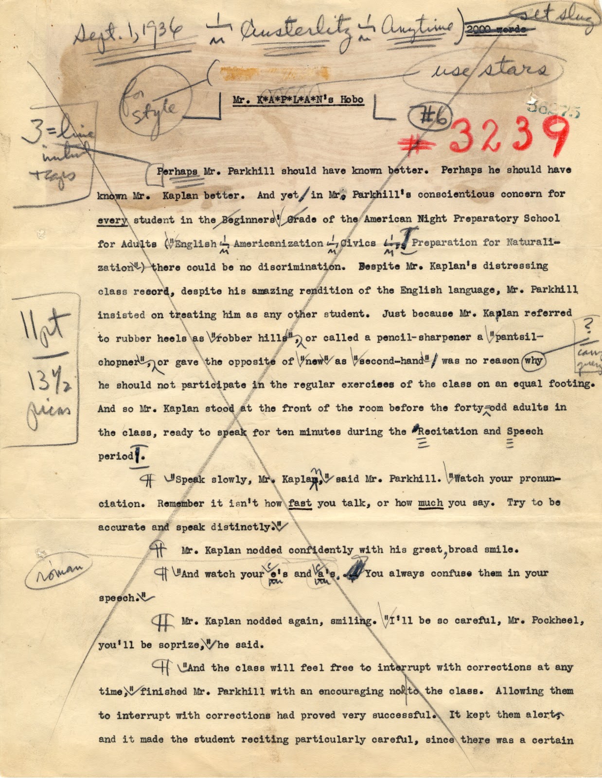 Annotated typescript of "Mr. Kaplan's Hobo," a Rosten short story published in The New Yorker. This manuscript has typographer notes and editorial notes throughout.