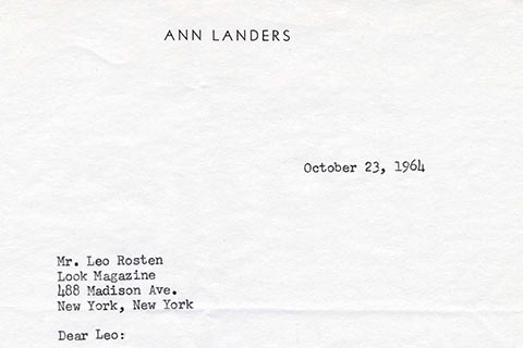Cropped letter from Ann Landers on personalized stationery, dated October 23, 1964