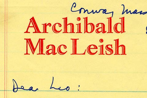 Cropped portion of a letter from Archibald MacLeish on a personalized sheet of yellow legal pad paper, with "Archibald MacLeish" printed in red at the top. It is dated 8/22/77