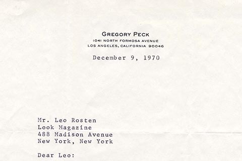 Cropped letter from Gregory Peck on his letterhead, dated Dec. 9, 1970. 