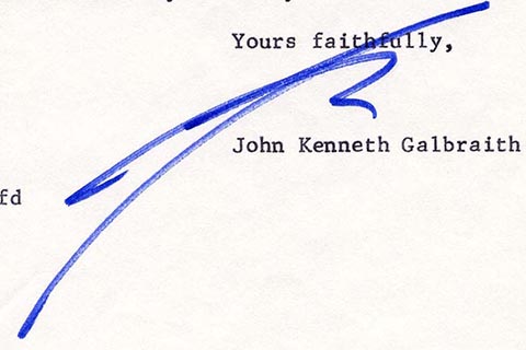 Cropped portion of a letter from John Kenneth Galbraith, showing the signature.