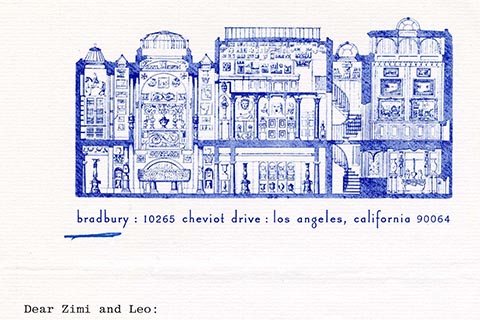 Cropped letter from Ray Bradbury on stationery with an intricate blue drawing of a cross section of a museum, above his address.