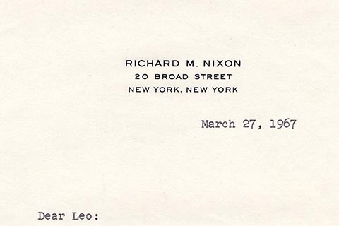 Cropped letter from Richard Nixon on his personal letterhead, dated  March 27, 1967.