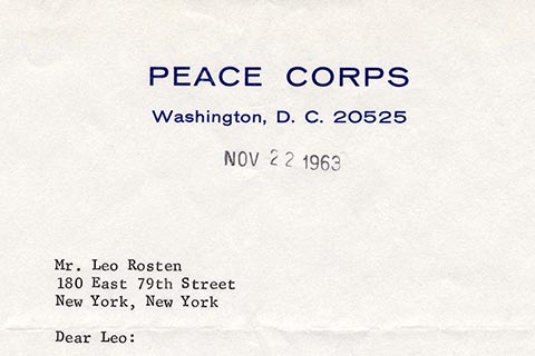 Cropped Letter from Sargent Shriver on Peace Corps letterhead. Letter dated Nov. 22, 1963.